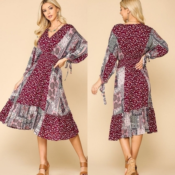 BOHO Anthropologie GiGiO USA Wine Floral Mixed Print Surplice V-neck Dress Small - Picture 1 of 14